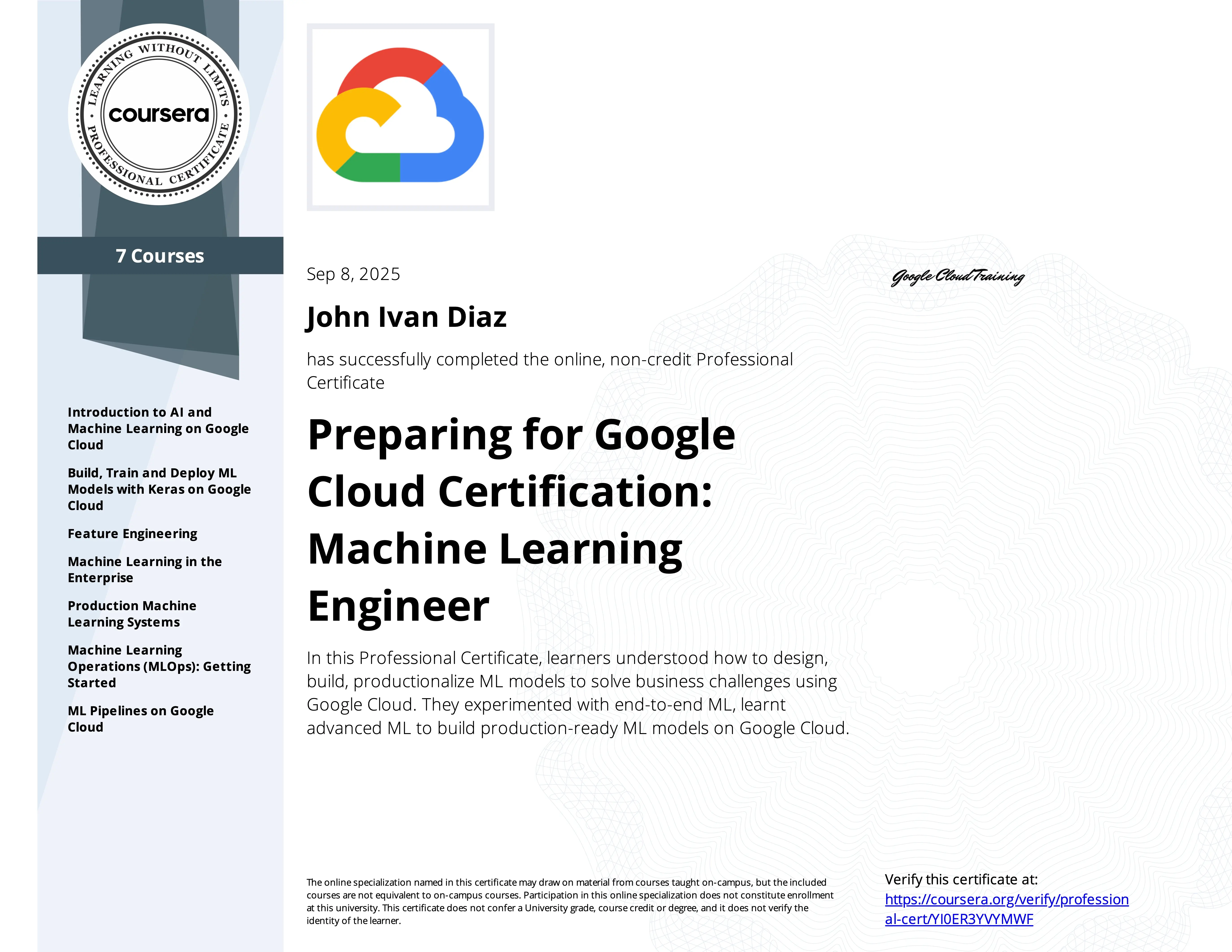 Machine Learning Engineer Professional Certificate