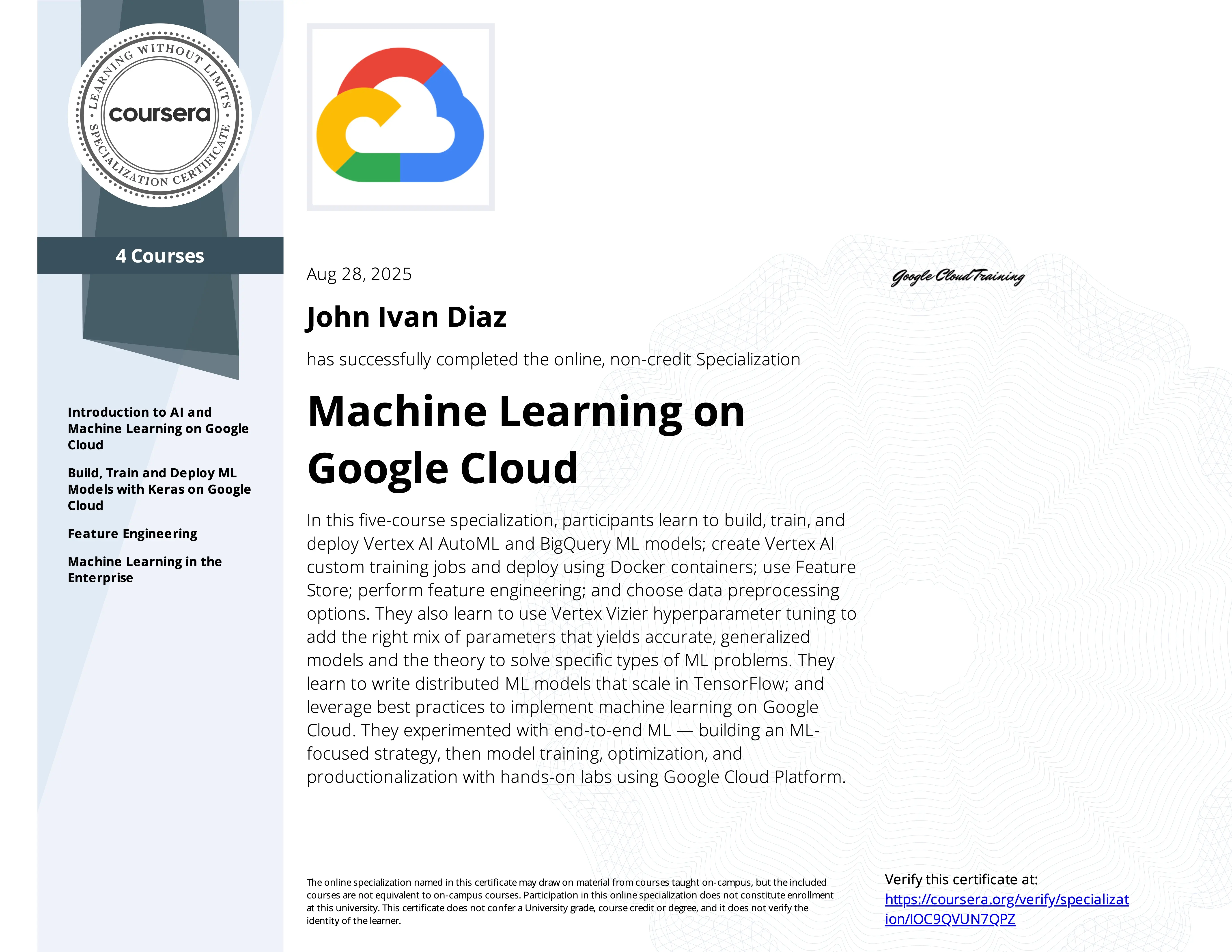 Machine Learning On Google Cloud Specialization